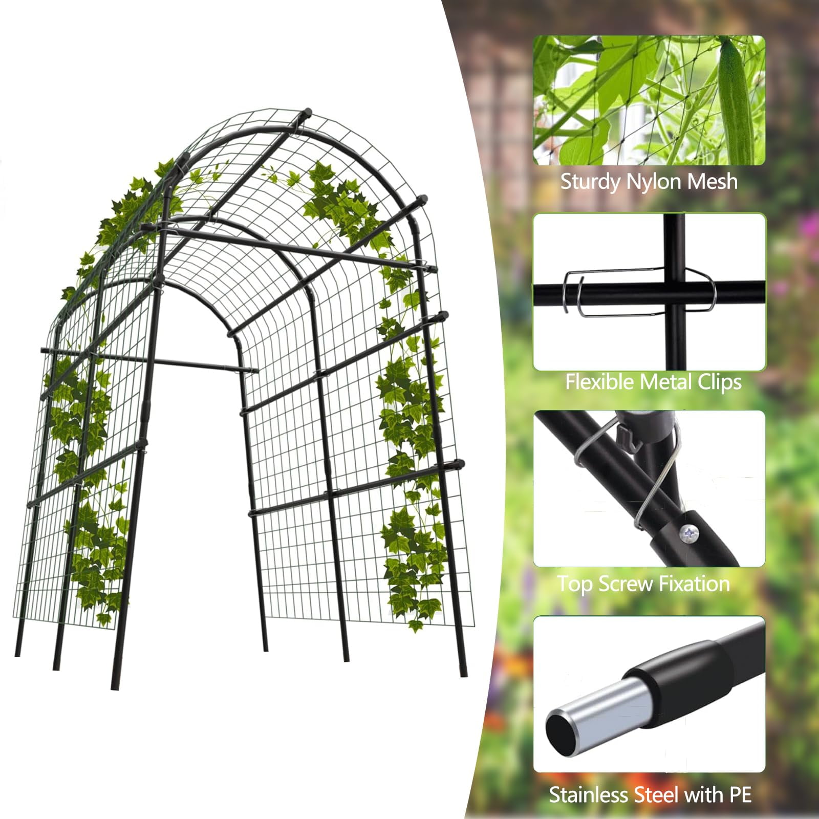 Gaderth Cucumber Trellis, Adjustable Garden Arch Trellis, Metal Arch Vegetables Trellis, 7.5FT Metal Arbor with Climbing Net, Weather-Resistant Pergola for Vines, Roses, Vegetables & Flowers, Sturdy