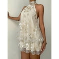 thumbnail image 3 of Apricot Floral Embroidered Halter Neck Tiered Chiffon Mini Dress For Women, 3 of 8