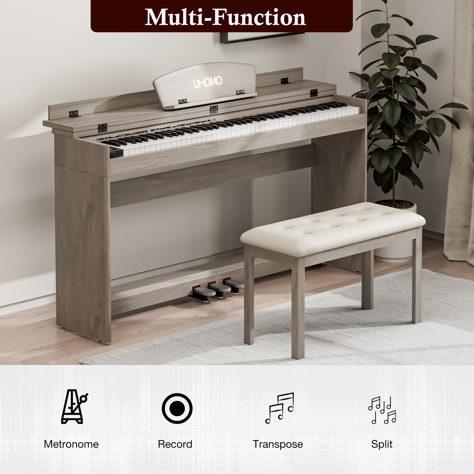 UMOMO 88 Key Digital Piano Keyboard with Piano Bench, Full Size Electric Piano with Piano Stand, Headphone Jack, 3 Pedal, Electronic Piano for Beginner, Adults, Gray