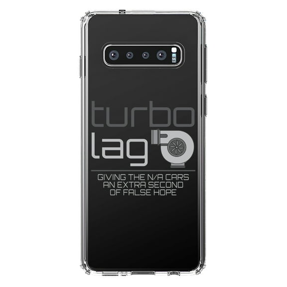 DistinctInk Clear Shockproof Hybrid Case for Samsung Galaxy S10 (6.1" Screen) - TPU Bumper Acrylic Back Tempered Glass Screen Protector - Turbo Lag - Giving N/A Cars False Hope