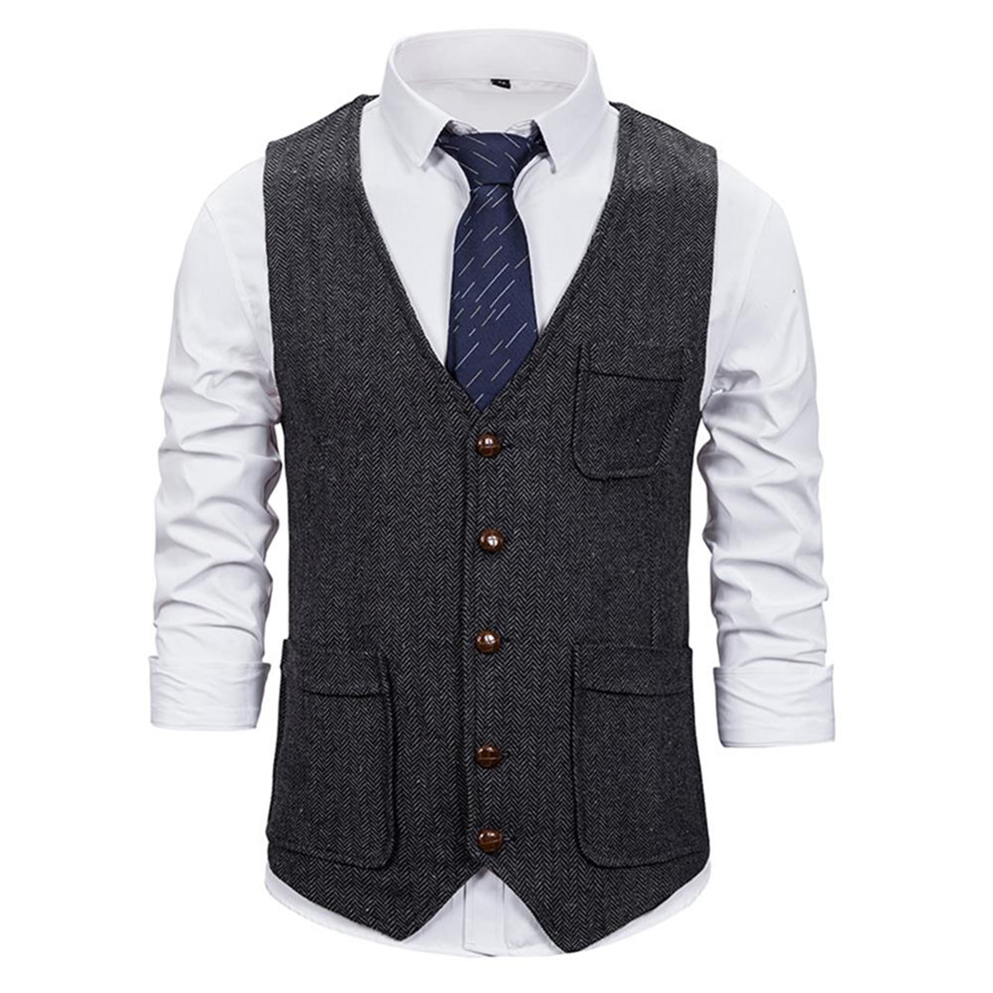 Mens Classic Waistcoat Herringbone Tweed Slim Fit Formal Vest Gilet Coat Jacket