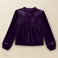 thumbnail image 6 of Lace Velvet Blouses for Women Holiday Long Sleeve Crew Neck Mesh Patchwork Tops Trendy Flowy Ruffle Hem Solid Color Shirt Casual Outfits 2025, 6 of 6