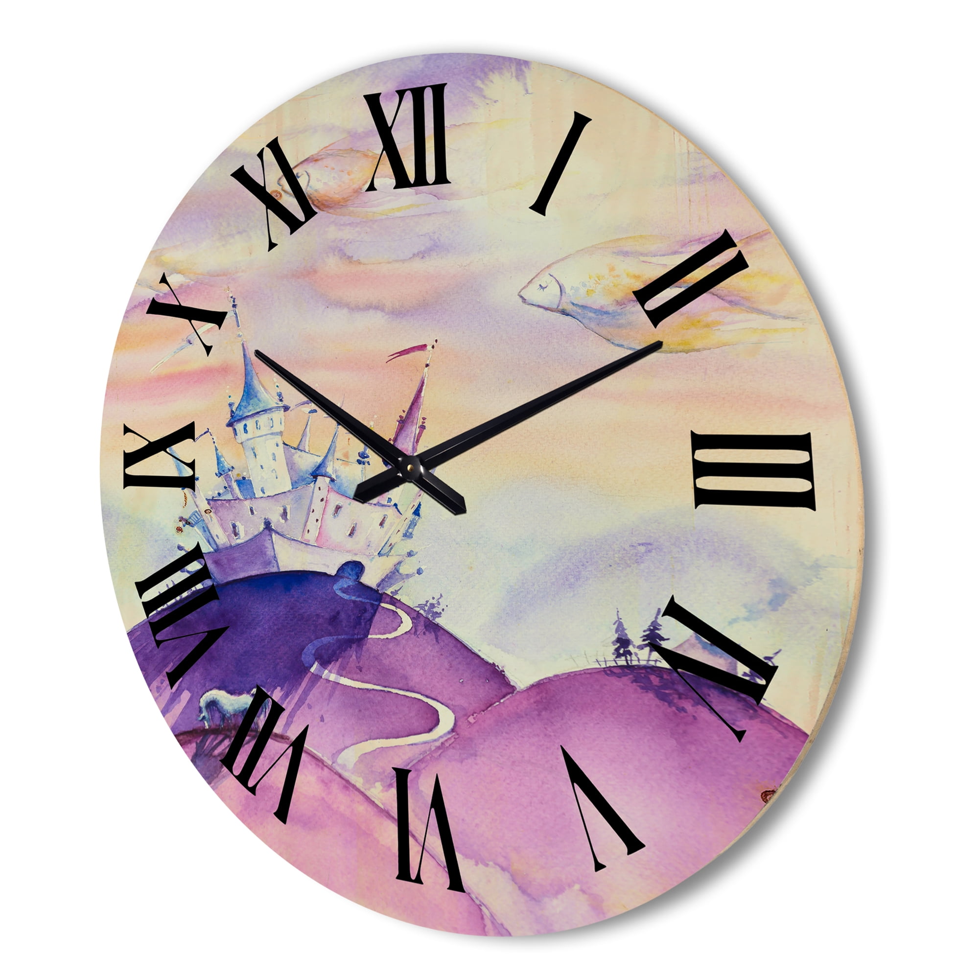 Designart 'Fairy Tale Kingdom Palace On Purple Mountain Top' Children's Art Wood Wall Clock