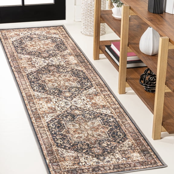 JONATHAN Y WASHABLE 2 x 8 Runner Rug, Chapell Chenille Medallion - Black/Terra, WSH203A-28
