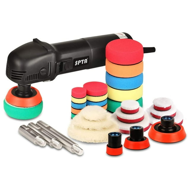 SPTA Mini Machine de Polissage Tampon Rotatif Polisseuse Auto Détaillant Superpolish avec 27 Pcs Kit de Tampon de Polissage Taille Mixte et Arbre d'Extension de Filetage 75mm, 100mm, 140mm M14