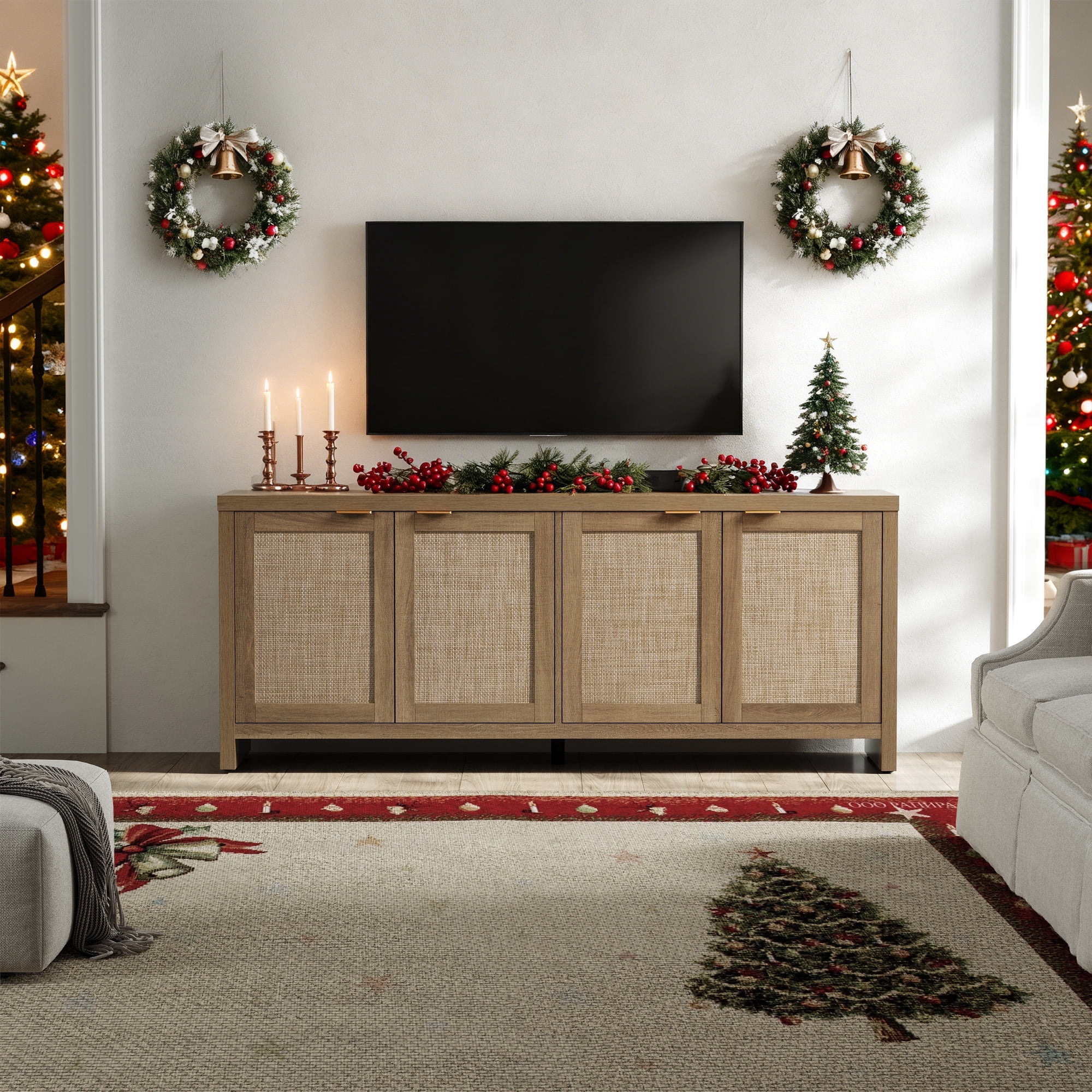 SICOTAS 61.5"W Rattan TV Stand with 4 Doors, Large Media Console for 60/70 Inch TV with Adjustable Shelves & Spacious Countertop – Entertainment Center for Living Room, Reclaimed Caramel Oak