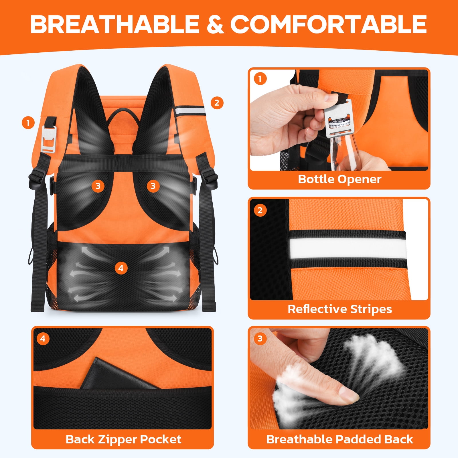 Realcool Backpack Cooler，33 Cans Insulated Leakproof Soft Cooler Bag Lightweight Camping Beach Lunch Backpack for Men Women Orange