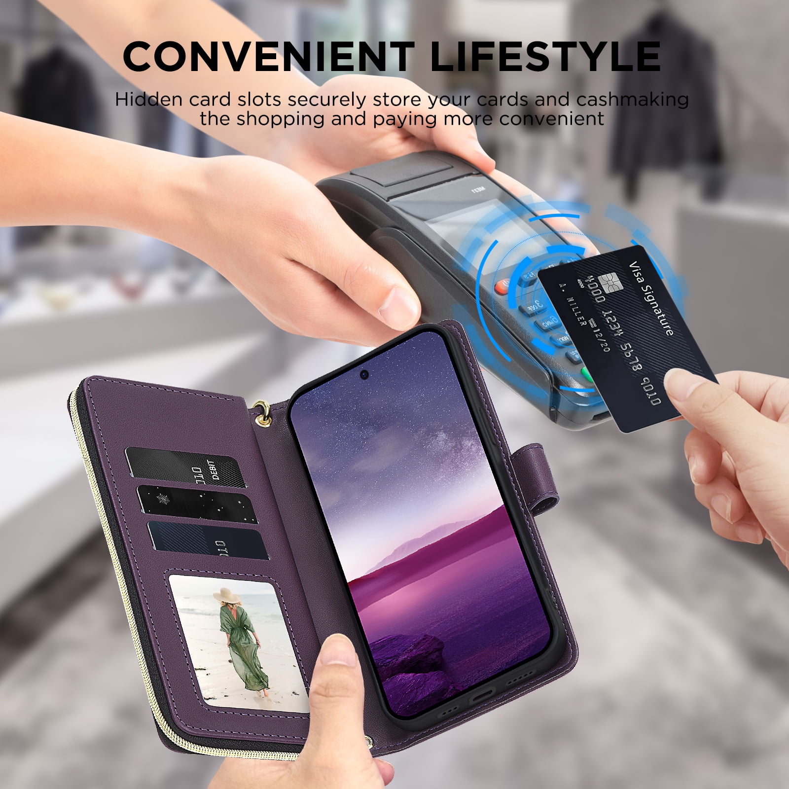 for Samsung Galaxy S25 FE Crossbody Wallet Case with 9 Card Holders, Cash Slot, Photo Slot, Zipper Pocket PU Leather Magnetic Snap Wallet Phone Case with Flip Stand & Wrist Strap & Lanyard,Darkpurple