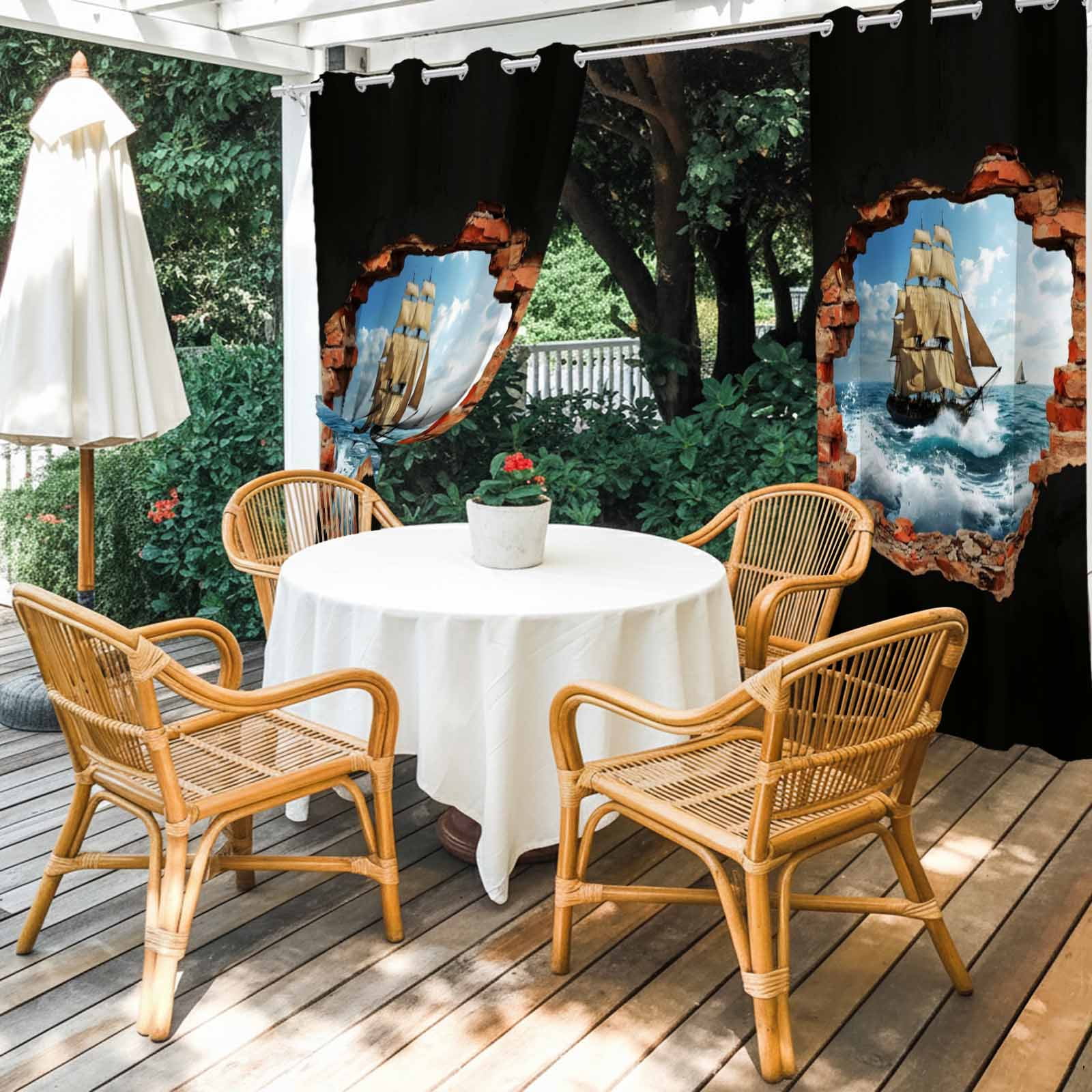Sailing Ship Outdoor Curtains for Patio, Art Romantic Broken Brick Vintage Vessel Ocean Wave Sunshade Privacy Drapes Grommet Waterproof Outside Curtains for Porch/Cabana/Balcony 54"x 108", 1 Panel