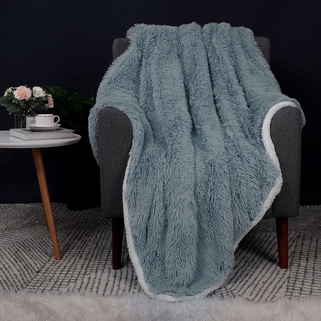 Unique Bargains Shaggy Faux Fur Soft Sherpa Blanket Cadet Grey Throw(50" x 60")