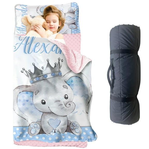 KAINSY Personalized Elephant Toddler Nap Mat with Name for Boys & Girls – Soft Kids Sleeping Bag with Pillowcase & Blanket – Ideal for Daycare, Preschool, Kindergarten, Camping & Travel