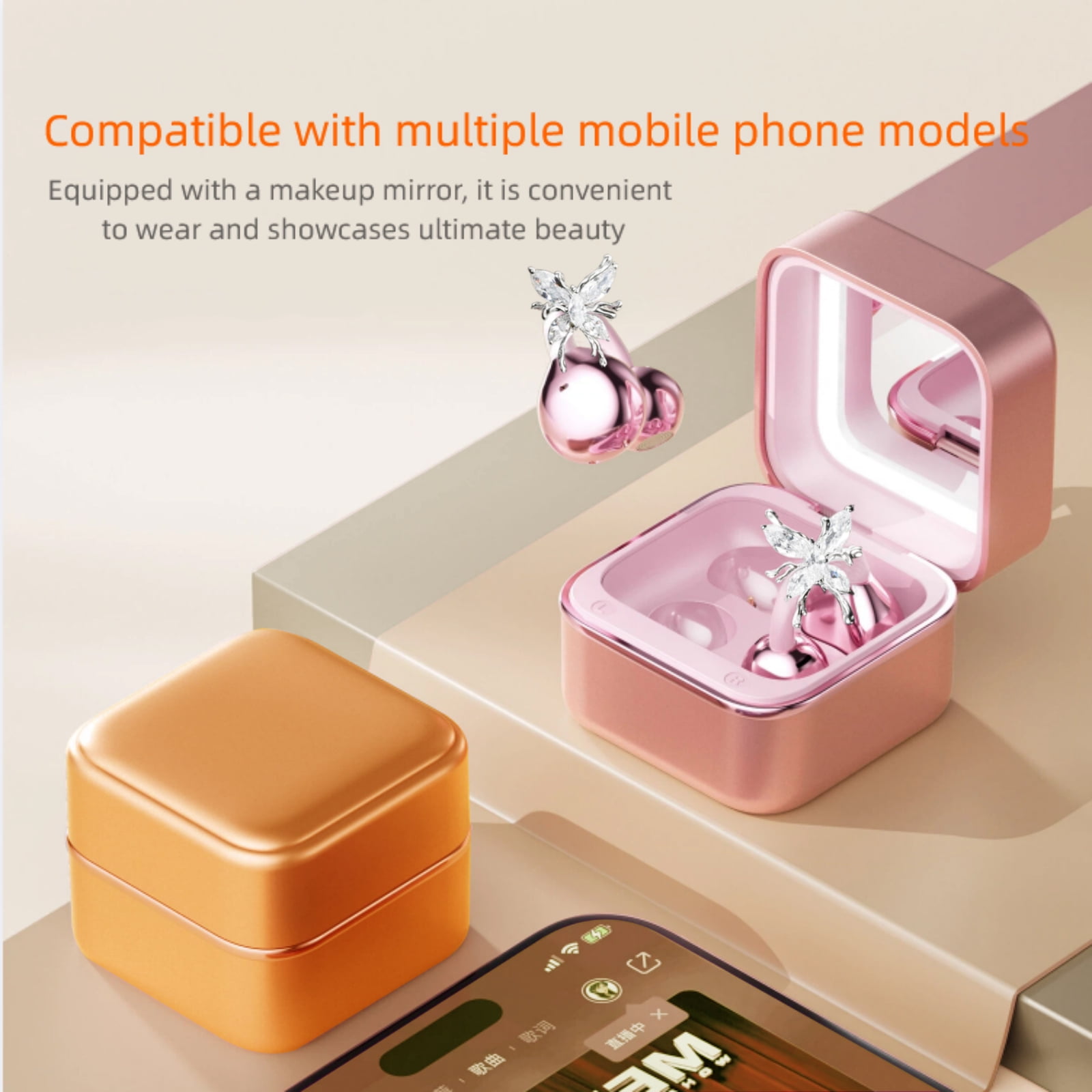 WUYUEGE Open Ear Headphones with Butterfly Earrings, Clip On Earbuds,LED lamp 6.0 Bluetooth Wireless Headphones Gifts for girls （Orange）