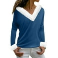 thumbnail image 5 of Long Sleeve Pullover Christmas Tops Womens Loose Long Sleeve V Neck Fur Trim Sweater Tops Blue XL, 5 of 7