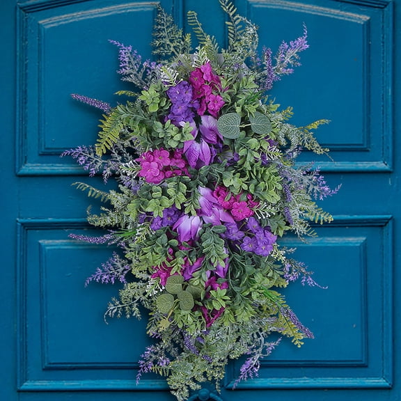 KOYPTL 17" Spring Swags for Front Door,Artificial Tulip Teardrop Swags Lavender Hydrangea Wreath,Artificial Spring Summer Floral Hanging Swags for Farmhouse Wedding Cabinet Home Window Outdoor Decor