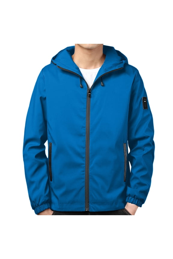 Men Jacket Windproof Casual Windbreaker Outdoor Hiking Traveling Coat with Hood Zip Up Pockets Hooded Jackets Blue L
