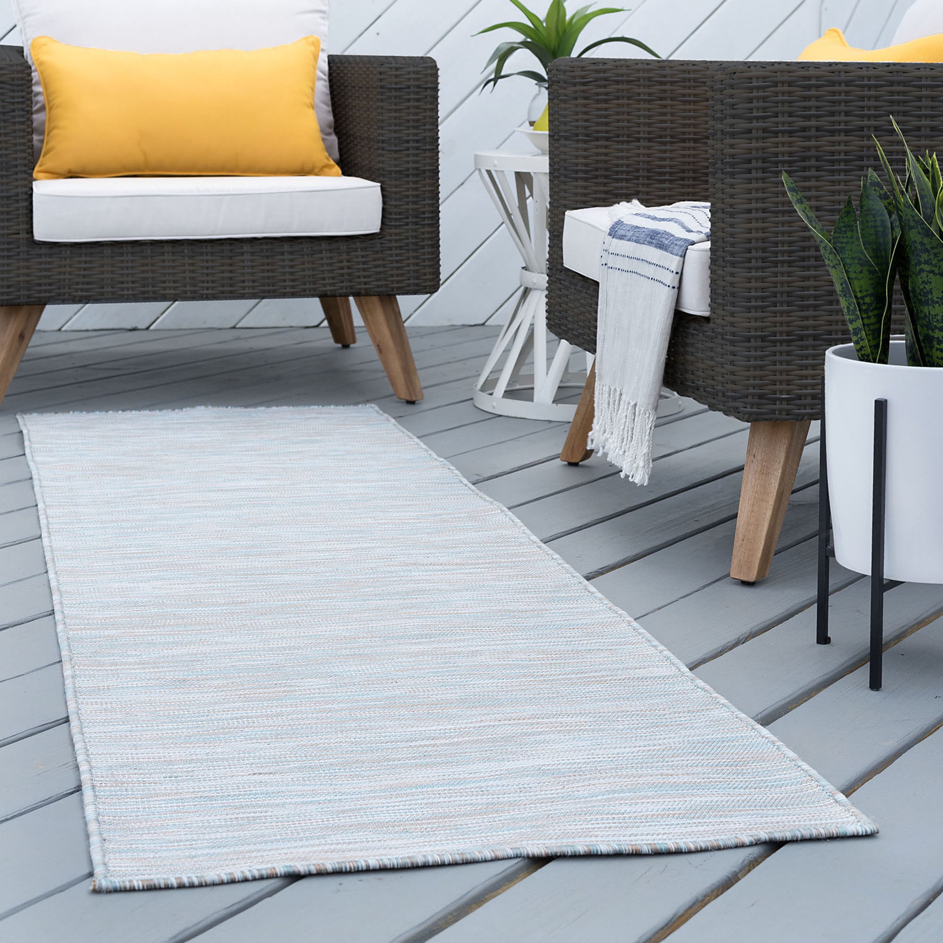 3x8 Water Resistant, Indoor Outdoor Runner Rugs for Patios, Hallway, Entryway, Deck, Porch, Balcony or Kitchen | Outside Area Rug for Patio | Seafoam, Stripe | Size: 2'7'' x 7'3''