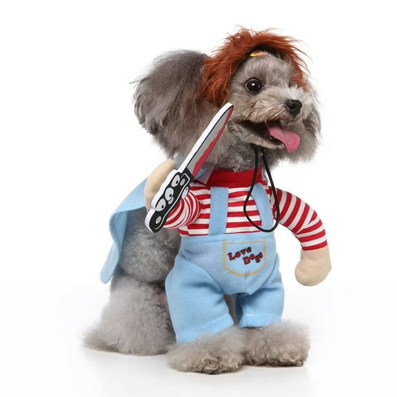 Spooky Madman Pet Costume with Knife, Scary Wig Hat & Cape Outfit for Halloween, Fun Scary Costume for Small Dogs and Cats