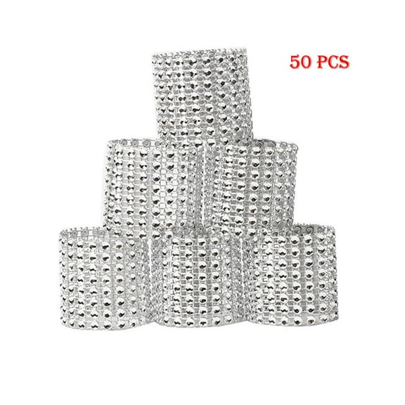 Tiitstoy 50Pc Bling Diamond Rhinestone Mesh Wrap Napkin Ring Wedding Decor Silver Bling Napkin Rings Set for Wedding, Dinner, Party, Table Decorations