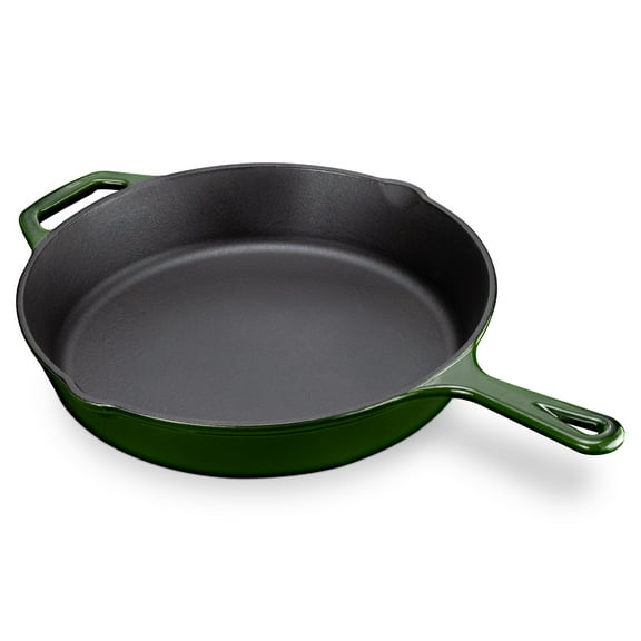Navaris Enameled Cast Iron Skillet - 12" Frying Pan with Enamel Coated Finish - 12 inch Kitchen Cookware Fry Griddle for Stove Top and Oven - Green