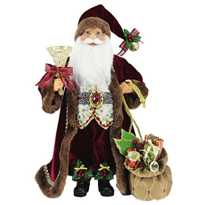 16" Inch Standing Burgundy Toy Bag and Bell Santa Claus Christmas