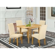 HomeStock Mountain Lodge Dinette Set 5 Pc - Four Parson Chairs And A Wood Table - Oak Finish Solid Wood - Light Baige Color Linen Fabric