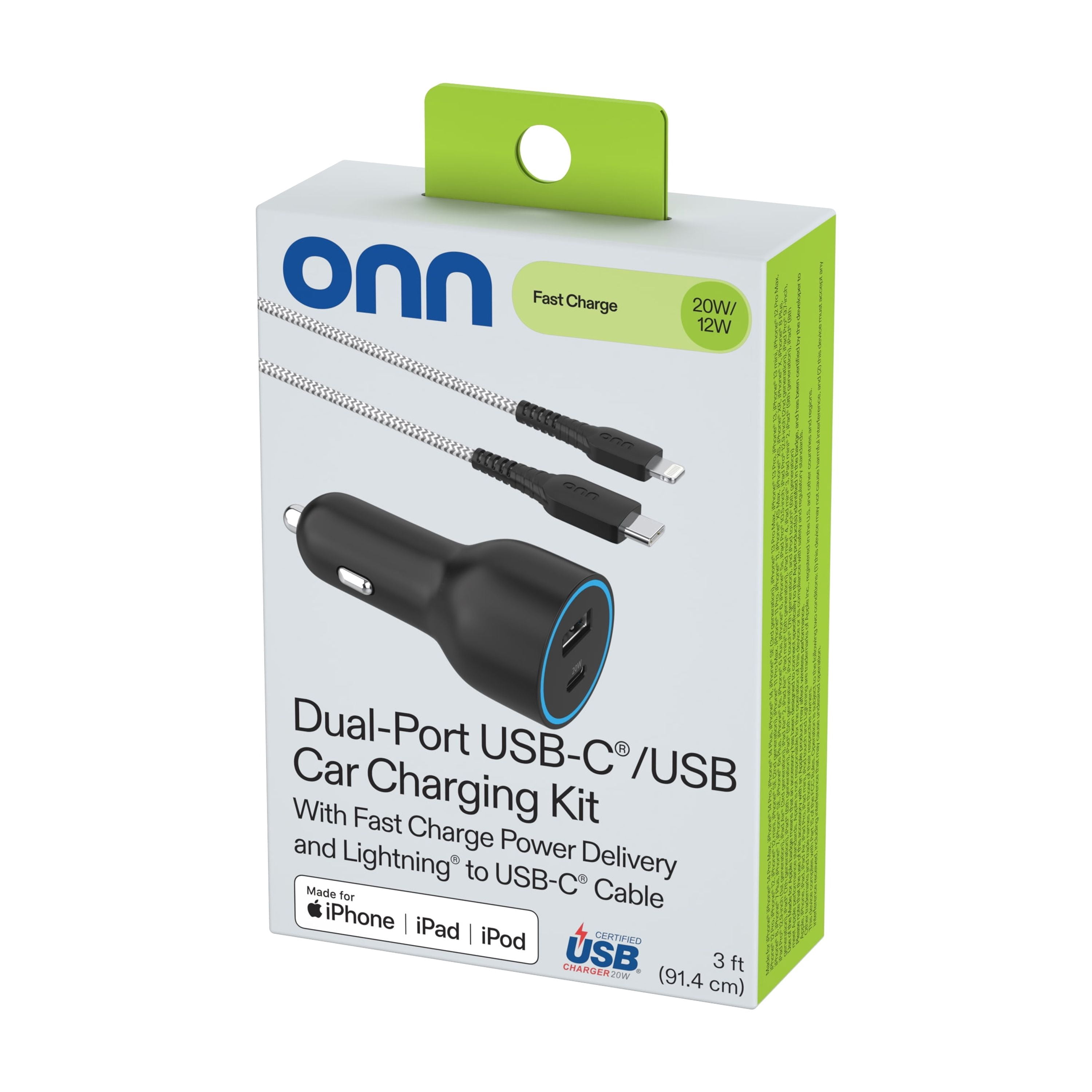 onn 32W Dual USB-C and USB-A Port Car Charger With 3ft C-Lighting Cable ,MFI & USB-IF Certified, Black - Compatible with iPhone 14/13/12/11/X/XR/XS/8/7/6/5, iPad, Airpods and more