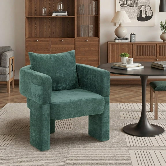 HomePerch Modern Chenille Accent Chair with Arms & Removable Pillow, 3-Leg Upholstered Barrel Chair for Living Room, Bedroom, Dining Room, Small Space, Dark Green