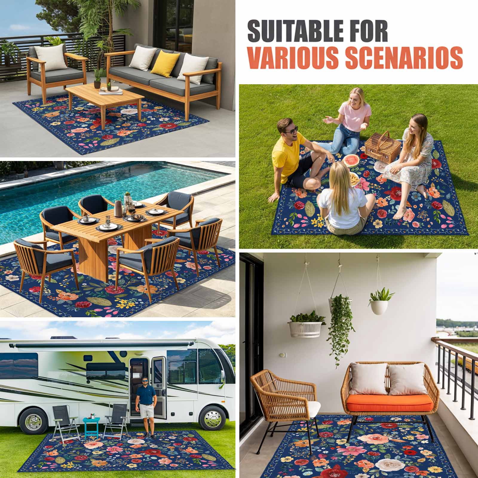 Navy Blue Flowers Outdoor Rug 5x7 Ft, Non Slip Washable Area Rug, Spring Vintage Floral Leaves Farmhouse Patio Rugs Carpet Runner, Large Floor Mat for Indoor/Outdoor Deck Porch Camping