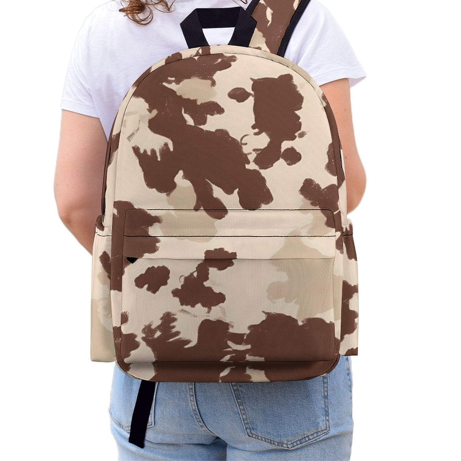 Large Capacity Half Print Backpack 11.8×16.5×5.9in Multifunctional Zipper Design Convenient Switch Brown Cow Pattern