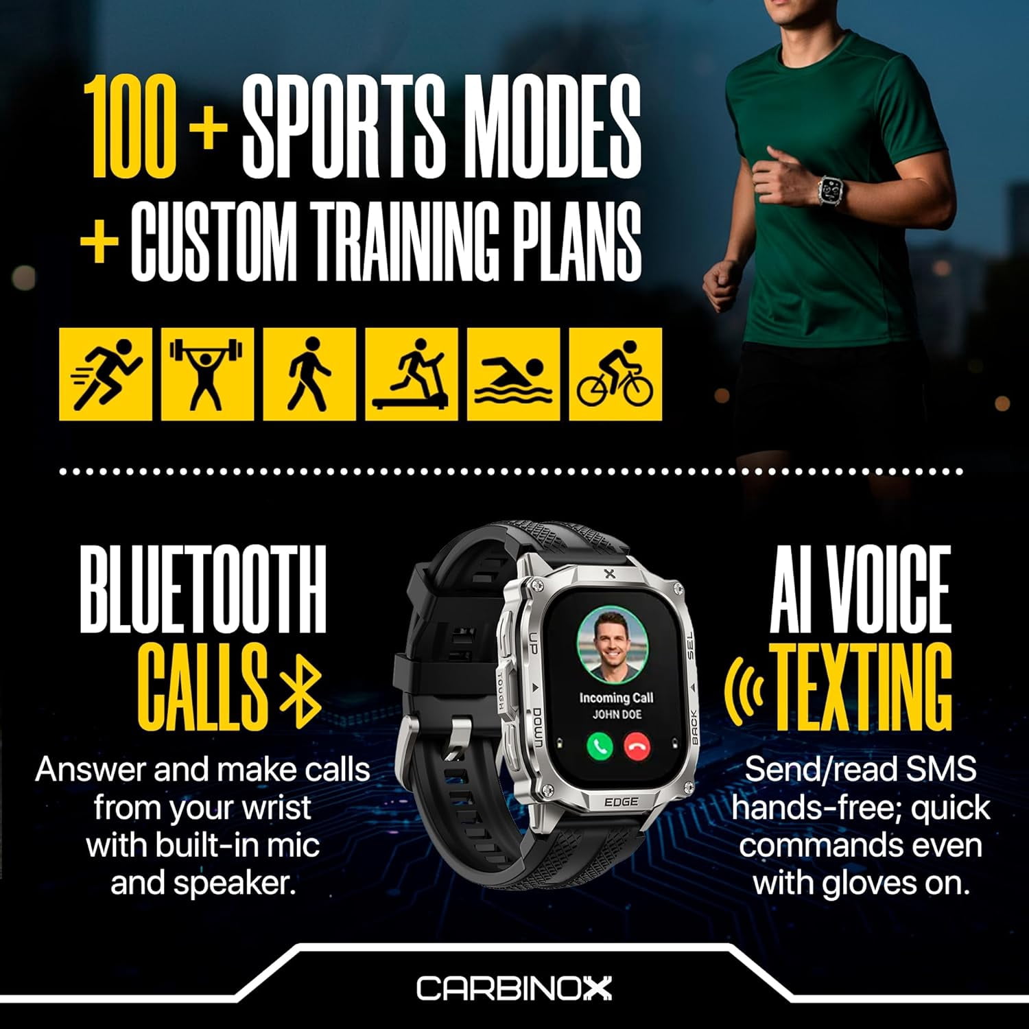 Carbinox Edge Smart Watch Rugged, 1.96″ AMOLED, Stainless Steel, IP69K/5ATM Fitness trackers, Bluetooth Calls, Android Phones iOS (Silver)
