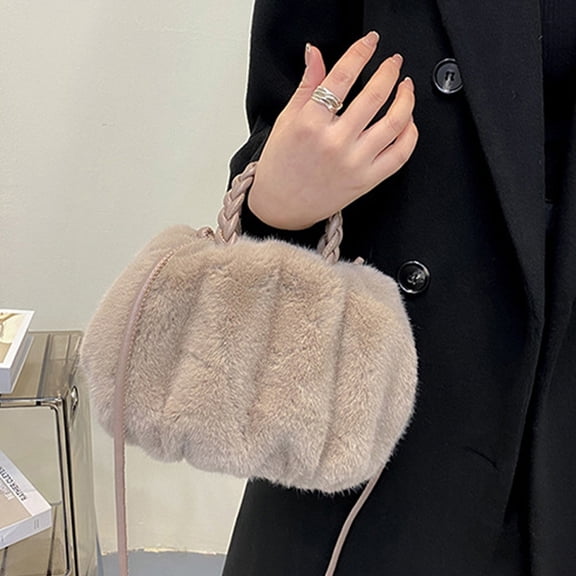 PTOOTP Khaki Plush Handbag for Women, Soft Fuzzy Crossbody Purse, Trendy Shoulder Bag Perfect for Daily Use and Casual Outings