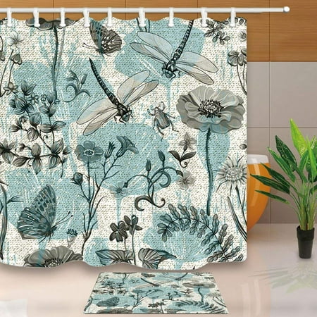 Dragonfly Bath Accessories BPBOP Summer Botanical Decor Butterflies Dragonflies Beetles and Plants in Vintage Shower Curtain 66x72 inches with Floor Doormat Bath Rugs 15.7x23.6 inches ()