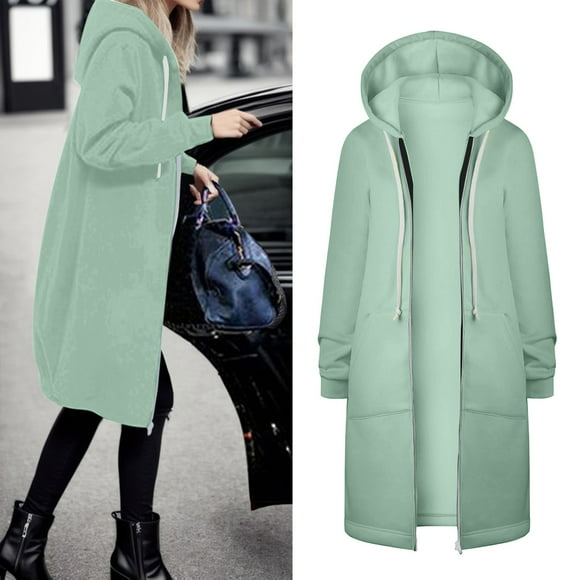 BYHONG Women Autumn Winter Casual Fashion Solid Color Drawstring Hooded Long Zipper Pocket Coat Long Jacket Coat Coat for Women Green M