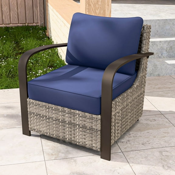 COOS BAY Aurora Terrace Brown Wicker Rattan Patio Lounge Chair, Metal Curved Armrest, Blue Cushion