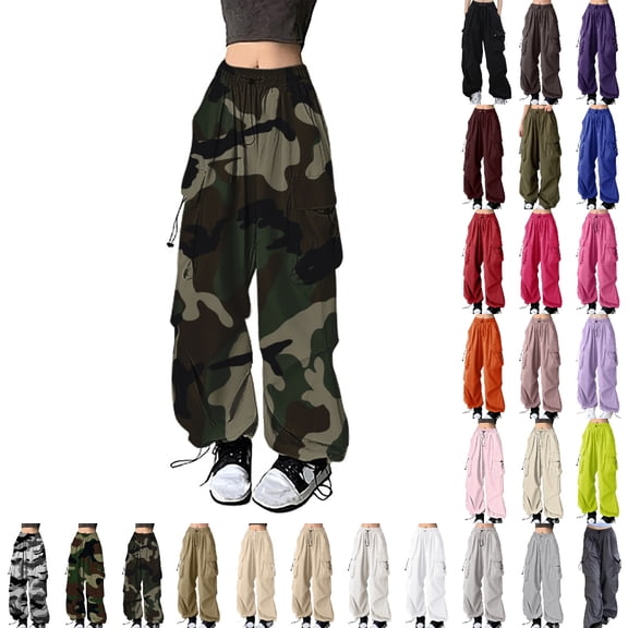 Bmisegm Womens Baggy Cargo Pants Camo Print High Waist Mutil Pocket Loose Fit Parachute Trousers Casual Hiking Climbing Pants Army Green_002 M