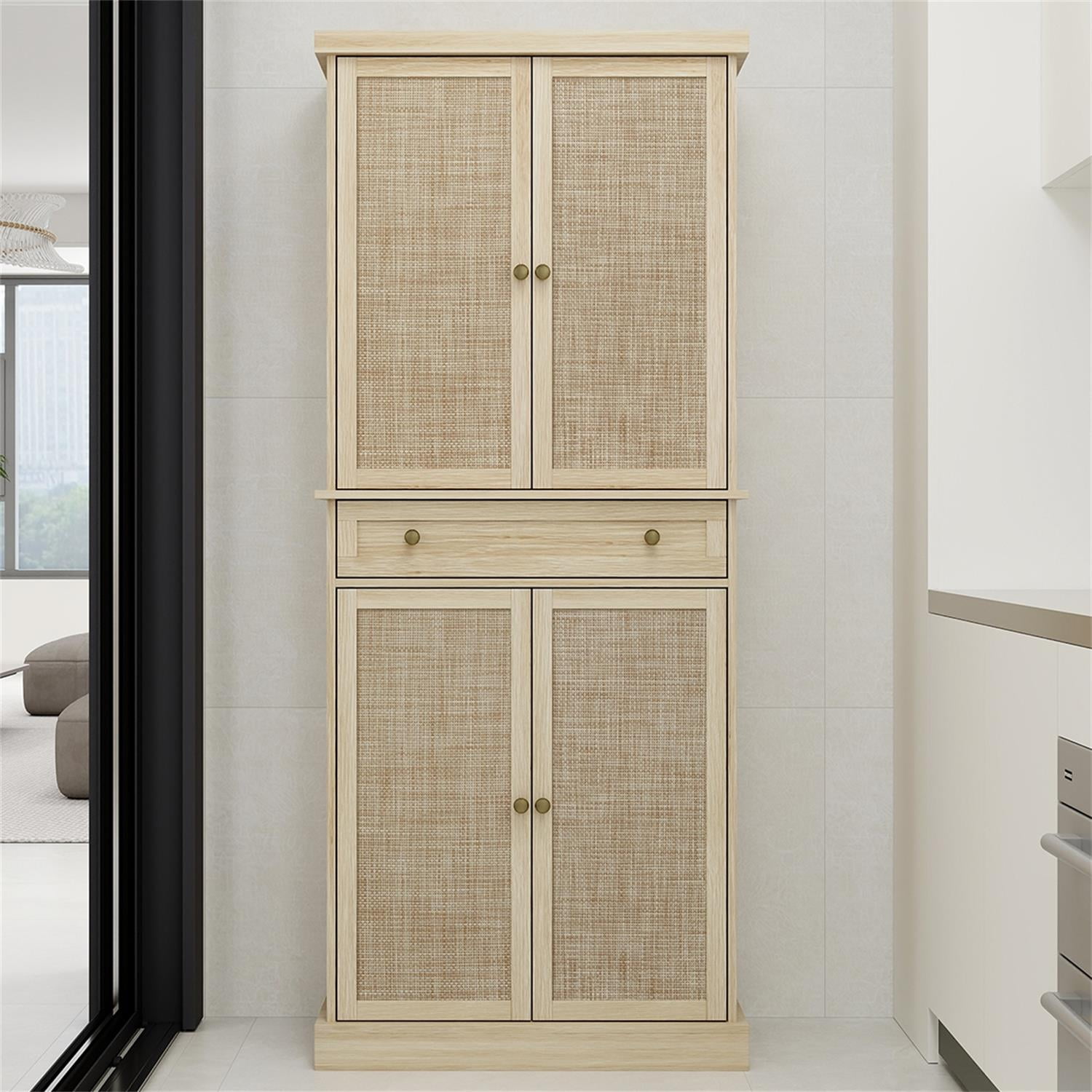 Kadyn 72" Tall Kitchen Pantry, Kitchen Storage Cabinet with 4 Door and 1 Drawer, Floor Storage Cabinet for Living Room, Natural