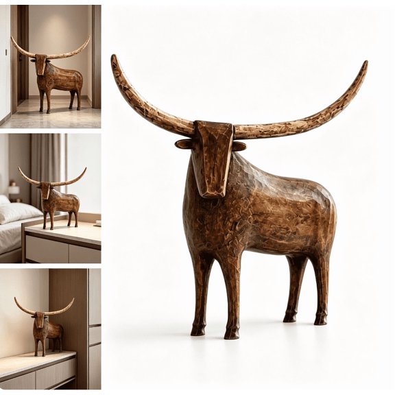 Vintage Longhorn Bull Sculpture, Resin Rustic Animal Figurine, Western‑Style Tabletop Decor, Ideal Accent For Living Room And Entryway