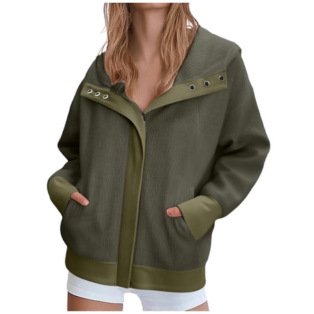 Fnooota Womens Zip up Hoodies Lapel Casual Loose Fit Long Sleeve Sweatshirts with Pockets Green Size S