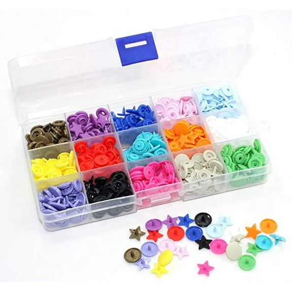 PEACNNG 150 Pack Star Snaps with Storage Box 15 Colors Size 20 T5 Shiny Plastic with Resin Fasteners