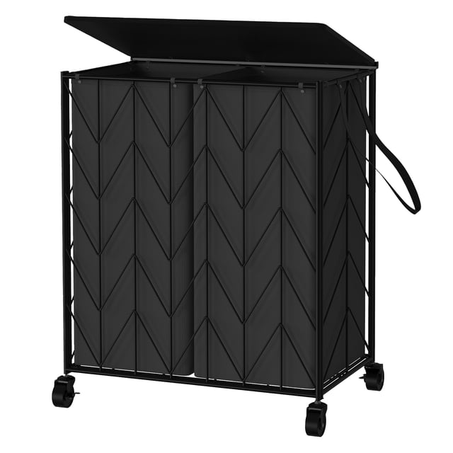 Cesta para Ropa Sucia FABATO 2 Secciones con Ruedas y Tapa de Madera
