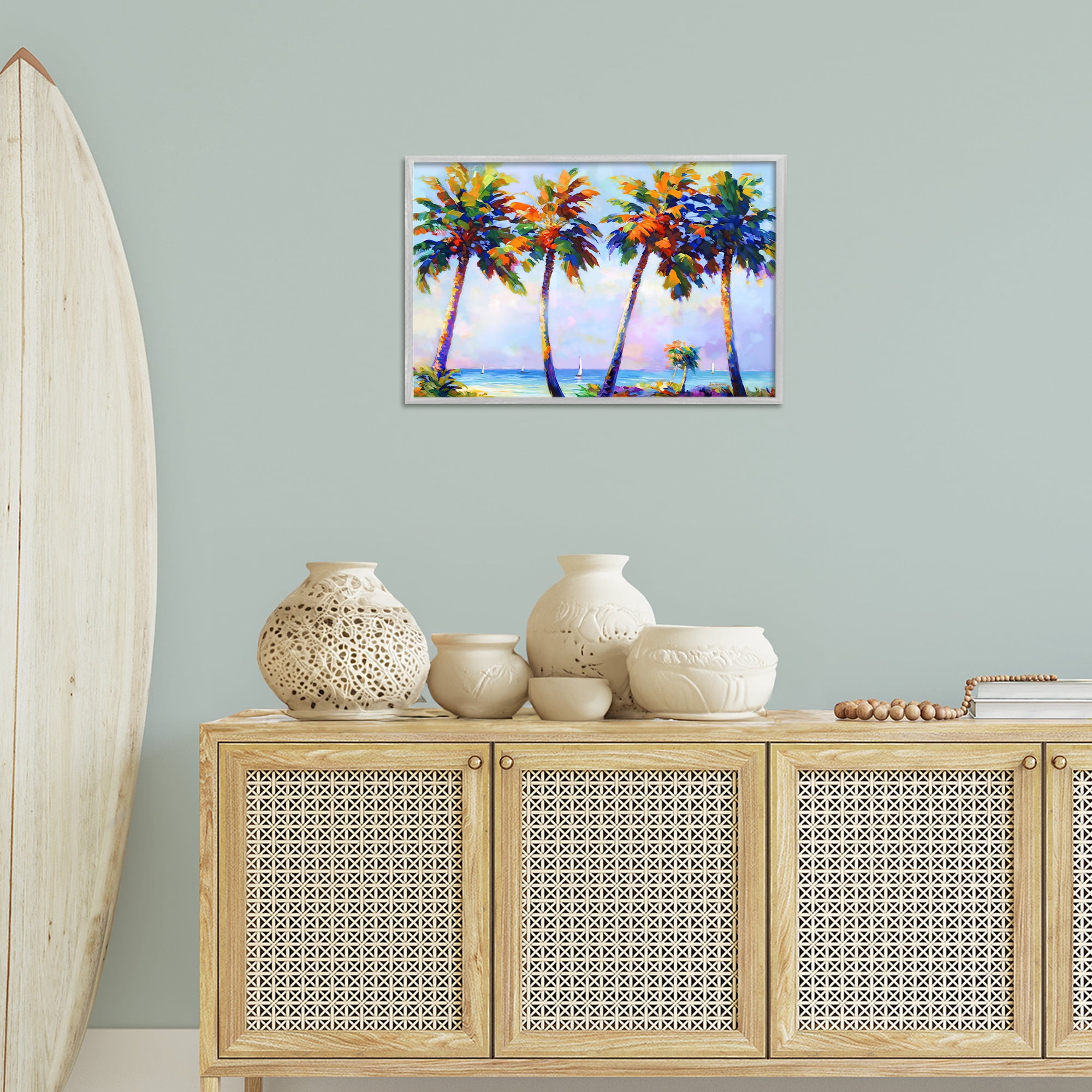 Stupell Industries Palm Trees in Sun Warmth Landscape Painting Gray Framed Art Print Wall Art, 24 x 16