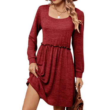 SHIBEVER Womens shirt dress Long Sleeve tops Square Neck Casual Puff Sleeves fall Frock Babydoll Skirt Solid Color Skirts Casual clothes