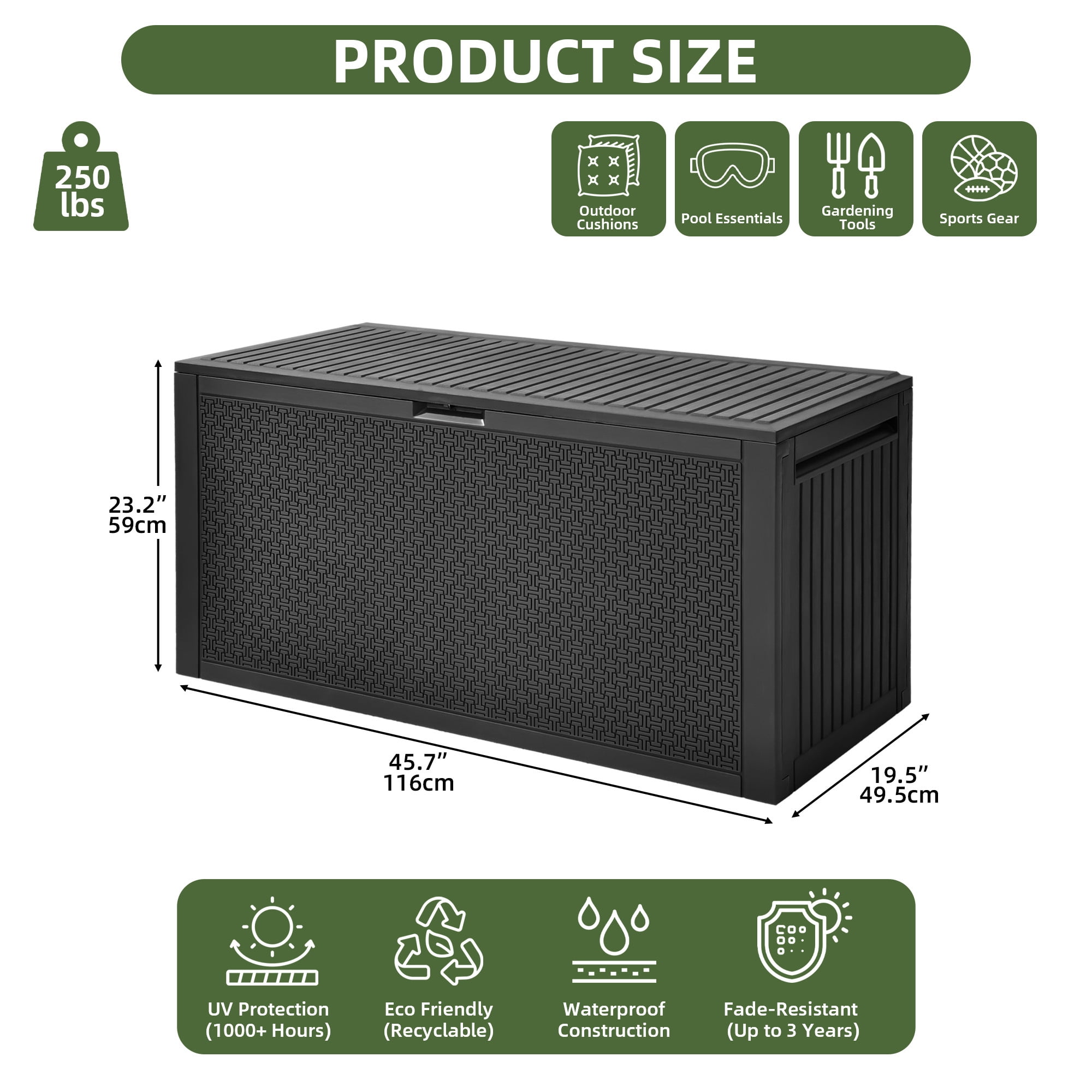 Uforic 90 Gallon Resin Deck Box, Waterproof UV Protected Lockable Outdoor Storage with Handles for Patio Cushions & Garden Tools, Black
