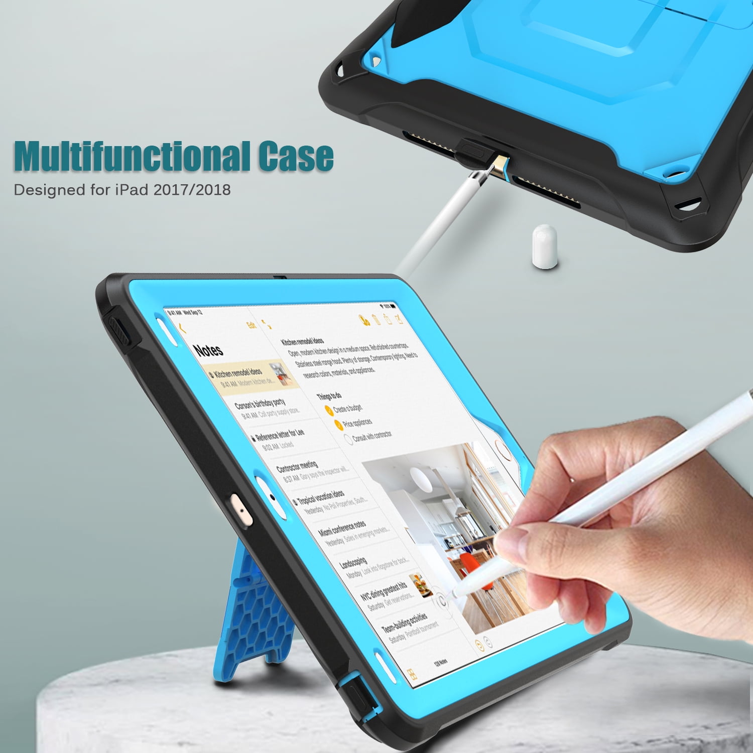 Allytech iPad Mini 5 Case, iPad Mini 4 Case, Dual Layers Full Protection Shockproof Pencil Holder Kids Friendly Shoulder Strap Kickstand Defender Case Cover for Apple iPad mini 5 / mini 4, Blue