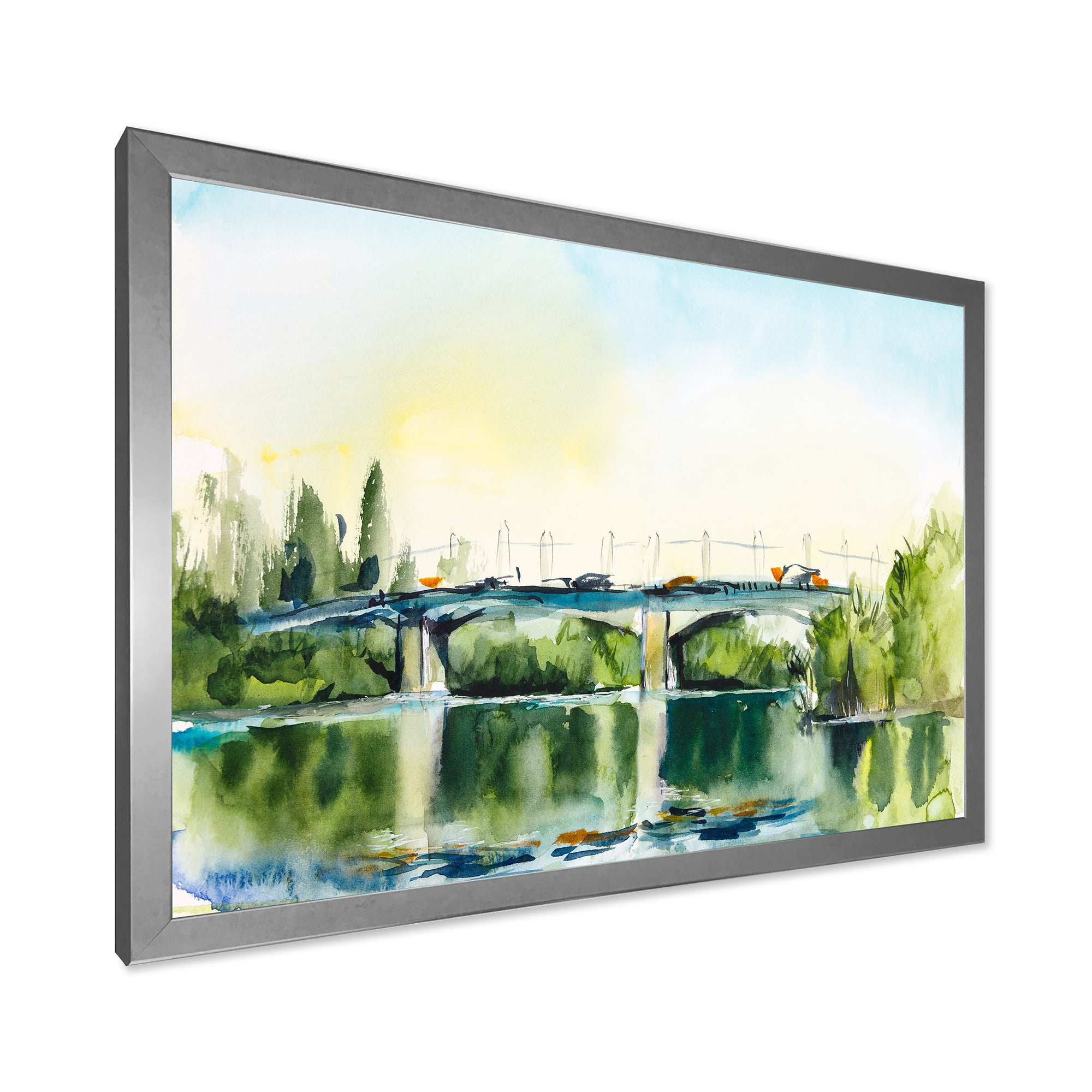 Designart 'Landscape With Old Bridge Over River In The Countryside' Traditional Framed Art Print
