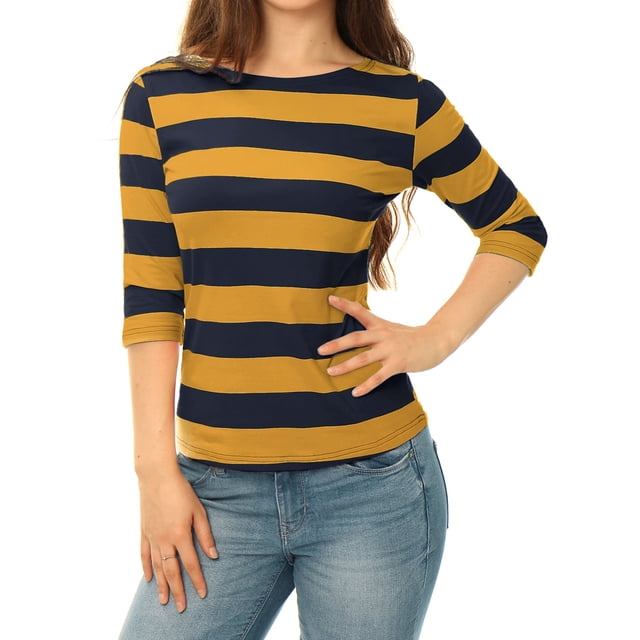 Dde San Patricio Camisecon mangas de codo pamujer Camisebásiinformal con cuello de barco y corte ajustado Azul marino mostaM