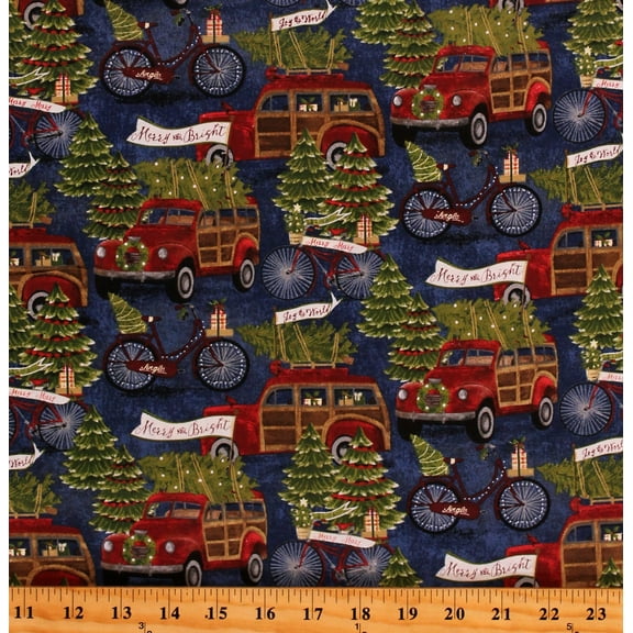 Cotton Christmas Tree Farm Christmas Trees Merry and Bright Joy to the World Jingle all the Way Hauling the Tree Blue Cotton Fabric Print by the Yard (16628-BLU-CTN-D)