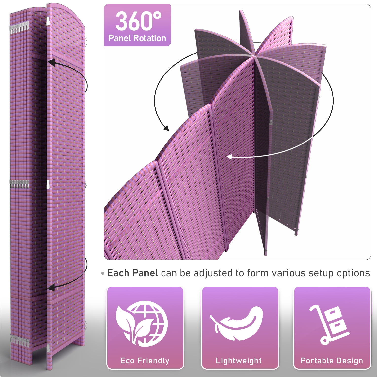 Sorbus 8-Panel Extra-Wide Folding Room Divider Privacy Screen, Hand-Woven Purple Mesh