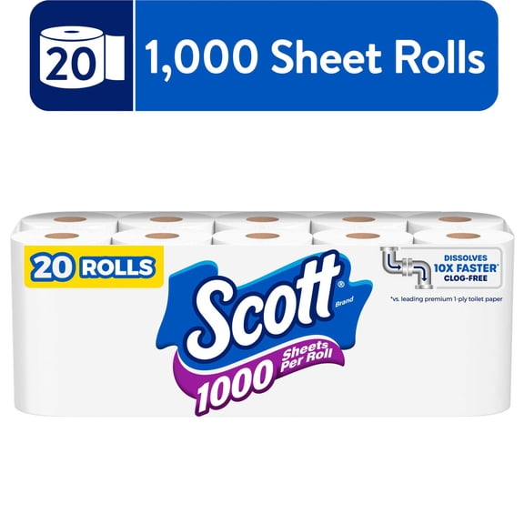 Scott 1000 1-Ply Toilet Paper, 20 Rolls, 1,000 Sheets per Roll
