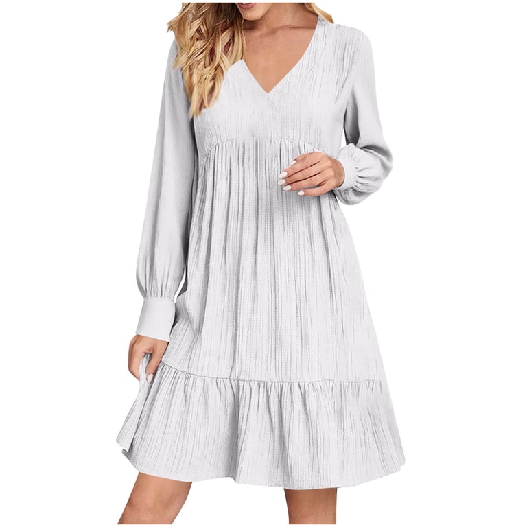 Felirenzacia Womens Casual Long Puff Sleeve Hide Belly Dress, Loose Fit  Gathered Waist Tiered Skirt, Textured Fabric, Comfortable Everyday Work Wear  - Walmart.com